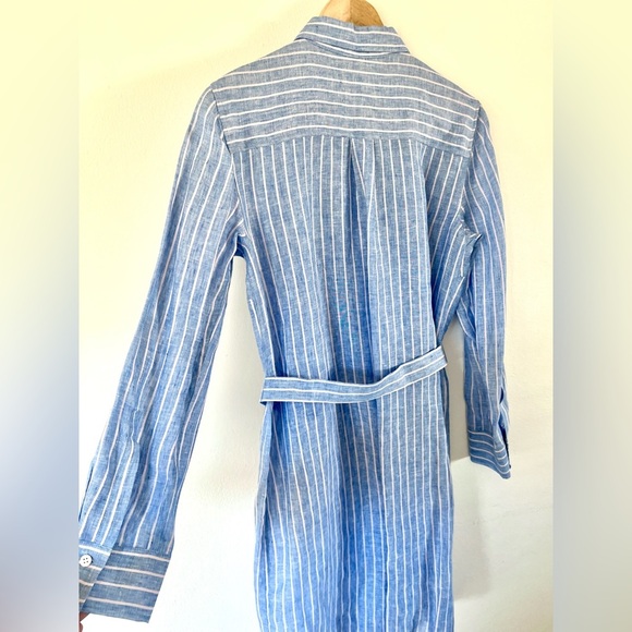 Ann Taylor Blue Striped Linen Full Button Front Belted Shirt Dress Size Medium - Picture 9 of 13